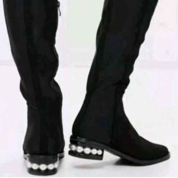 CATHERINE MALANDRINO Black Vegan Suede Over the Knee Pearl Heel Boot 7.5 - Picture 3 of 14